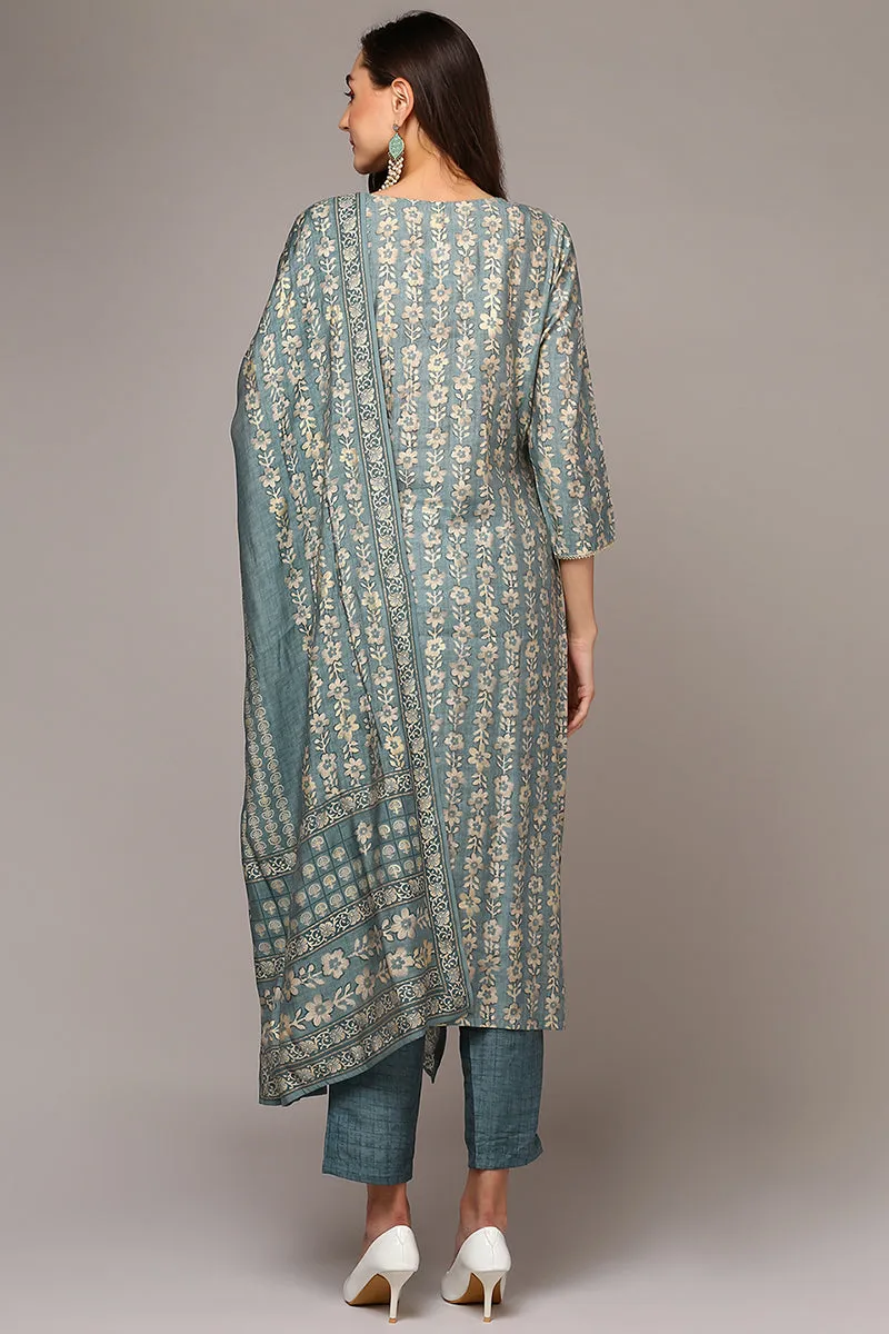 Grey Silk Blend Printed Straight Suit Set