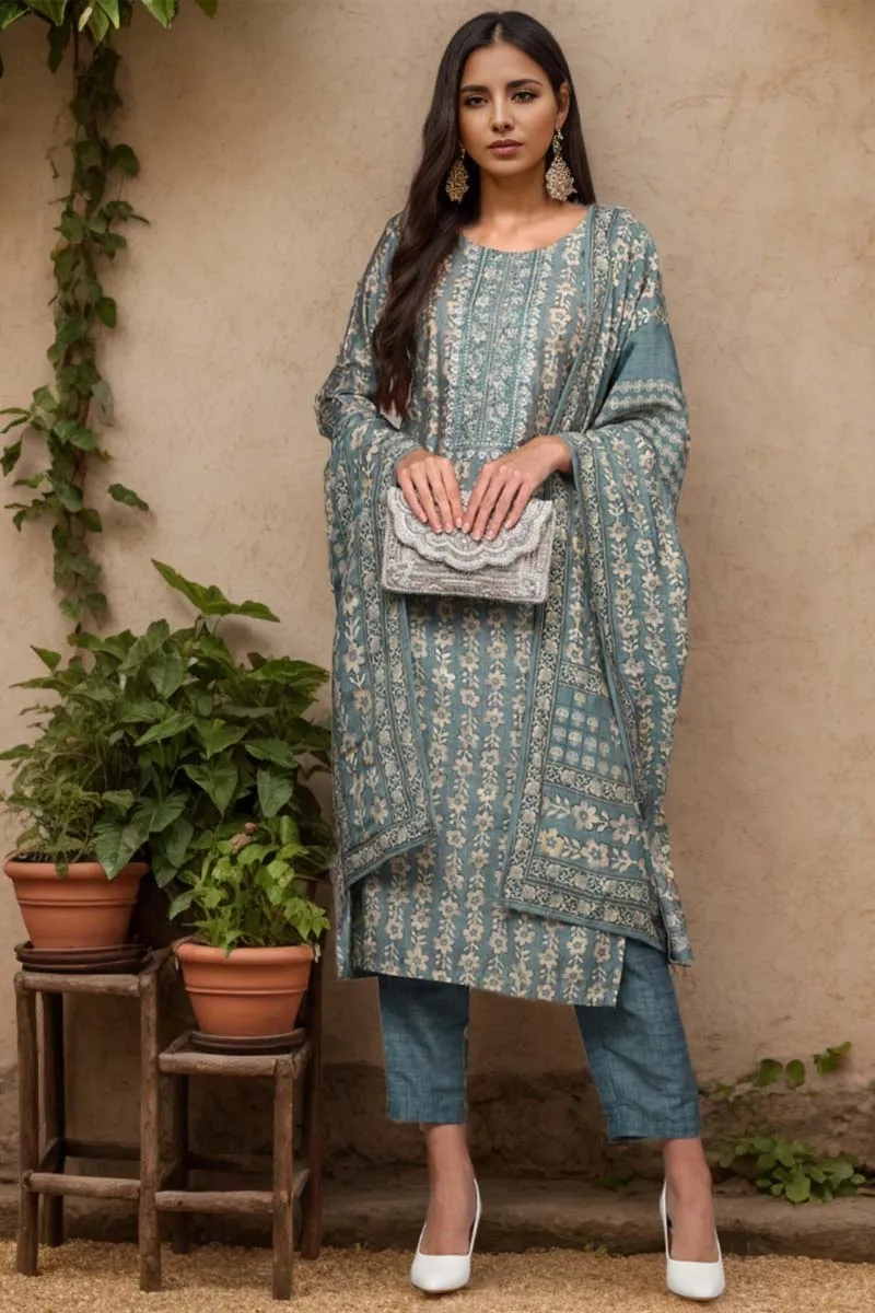 Grey Silk Blend Printed Straight Suit Set