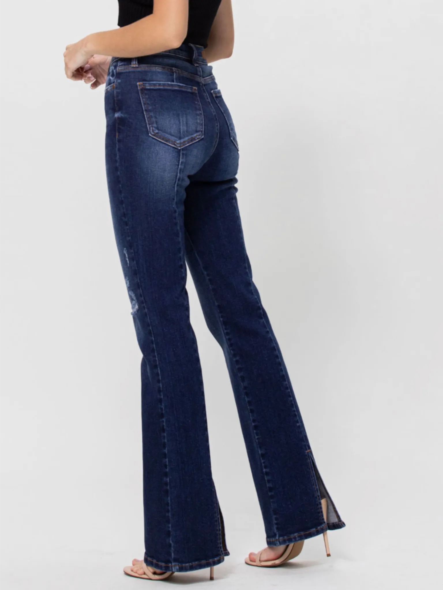 High Rise Back Slit Bootcut - Dark Denim