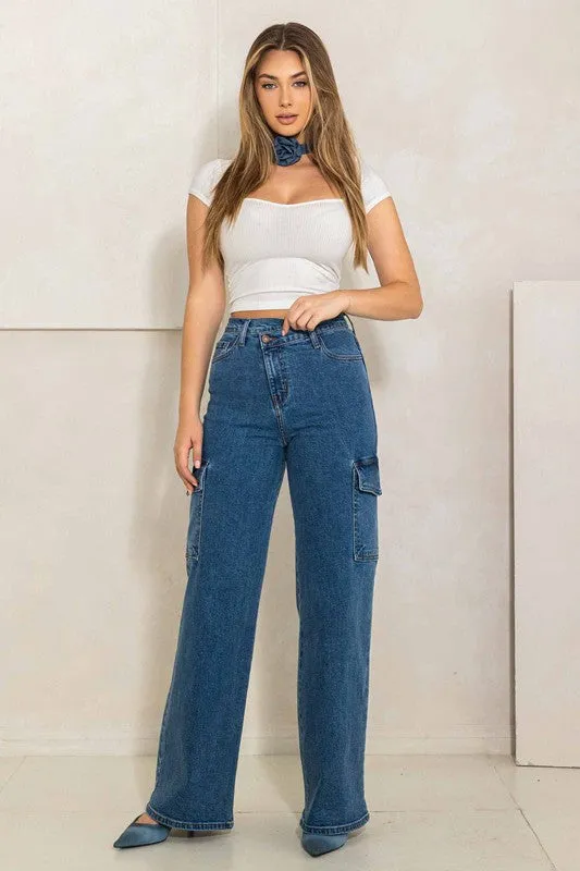 High Rise Crossed Waist Cargo Wide Jeans