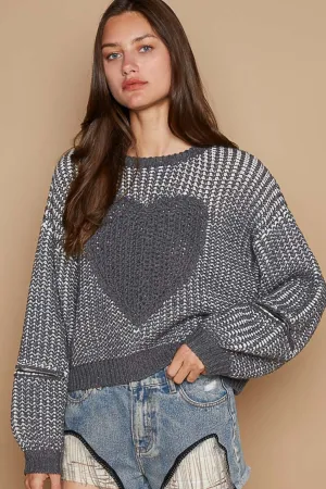 Hot Girl Heart Patch Zipper Point Sleeve Sweater In Charcoal