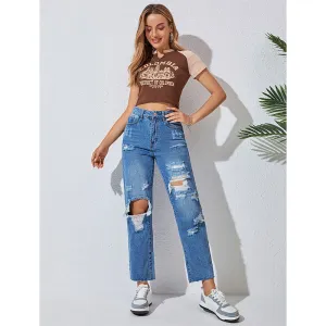 Jeans Women Straight Ripped Trousers Frayed Street Denim