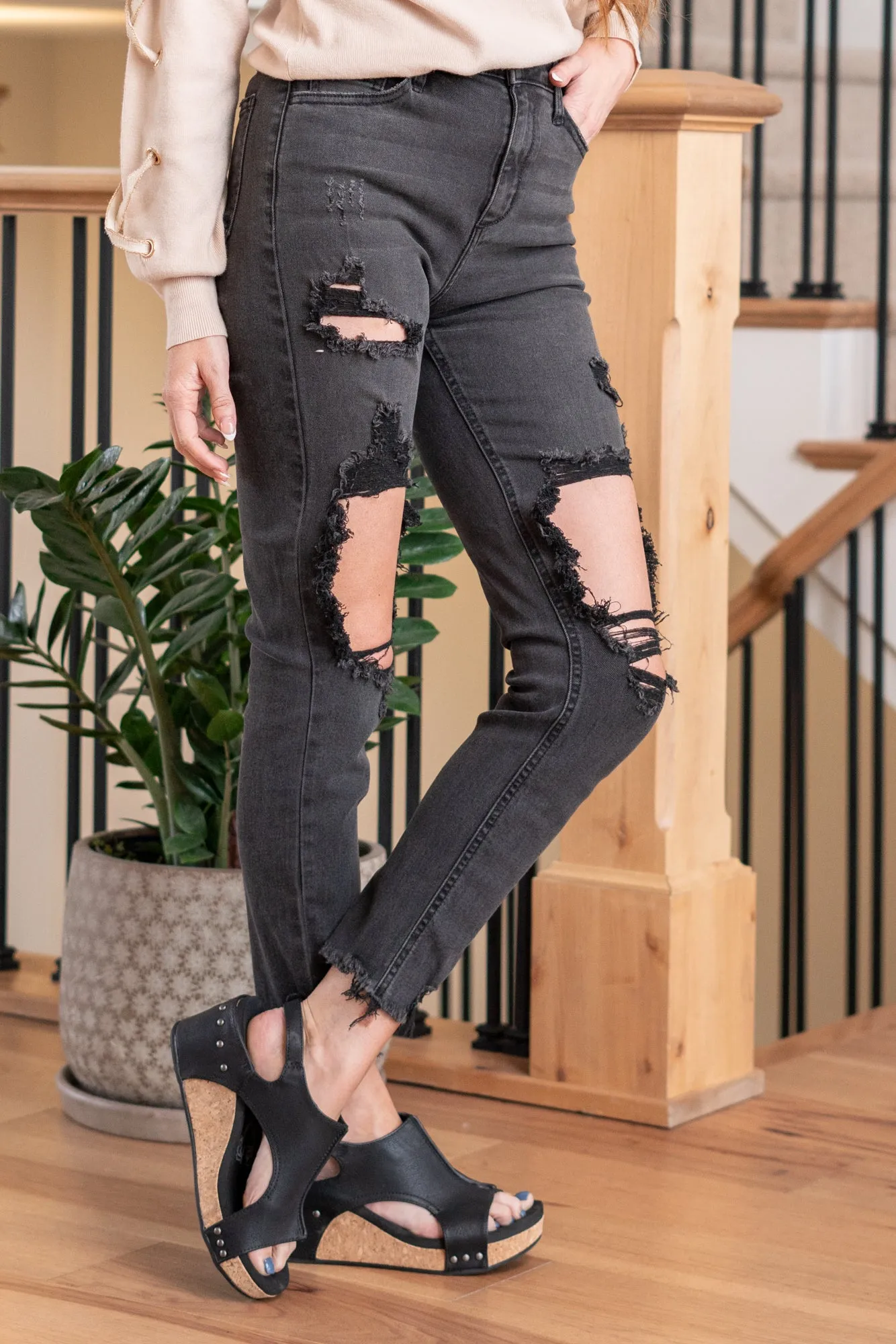 Kenzie High Rise Distressed Mom Skinny with Frayed Hem