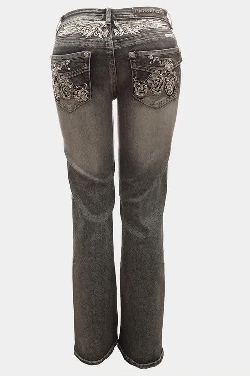 Ladies Rhinestone Pants with Motorcycle Design on Back Pocket 4047 BP