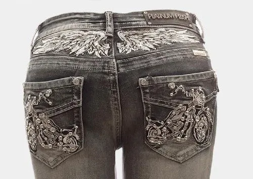 Ladies Rhinestone Pants with Motorcycle Design on Back Pocket 4047 BP