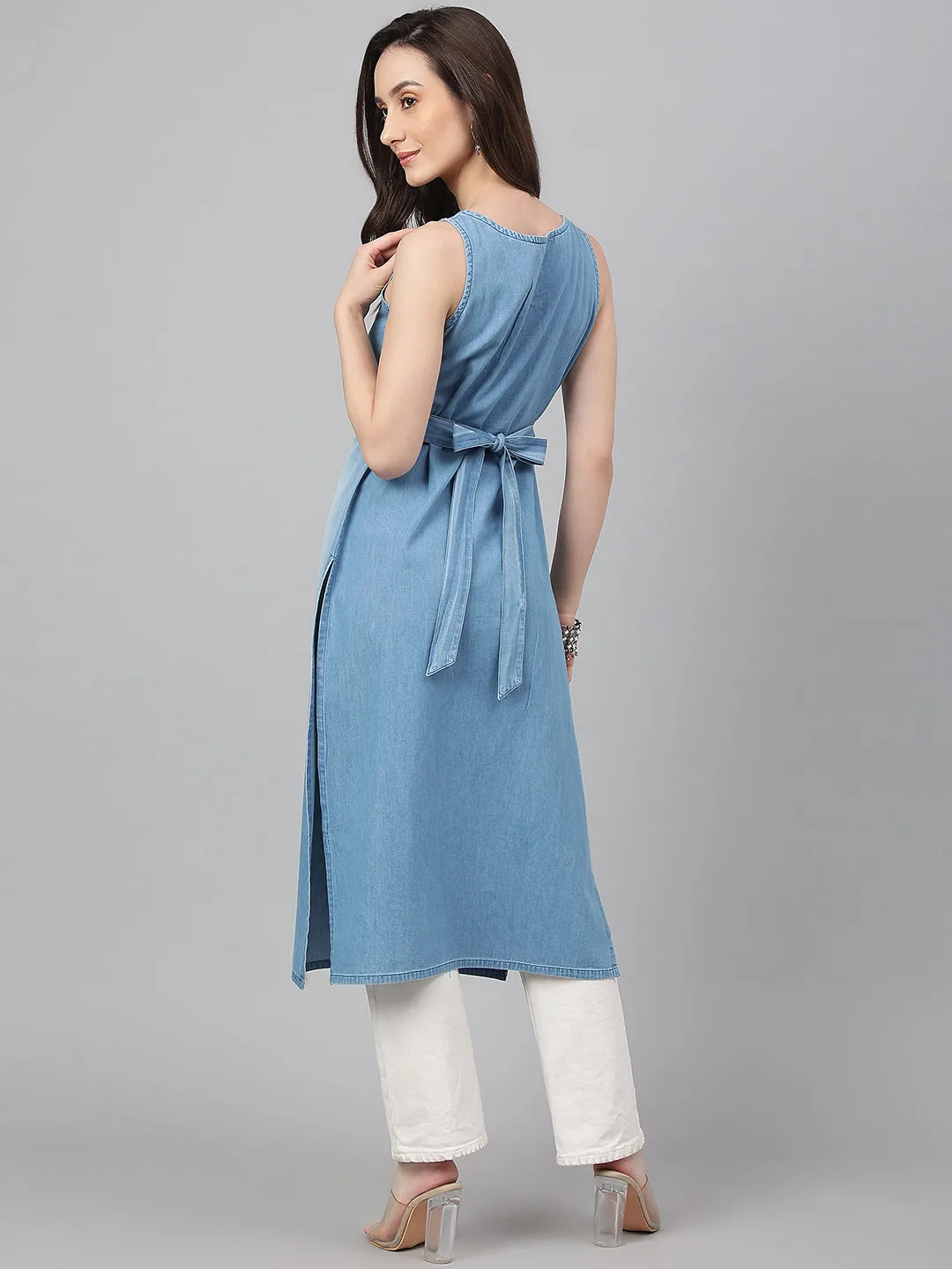 Light Blue Denim Solid Straight Kurta