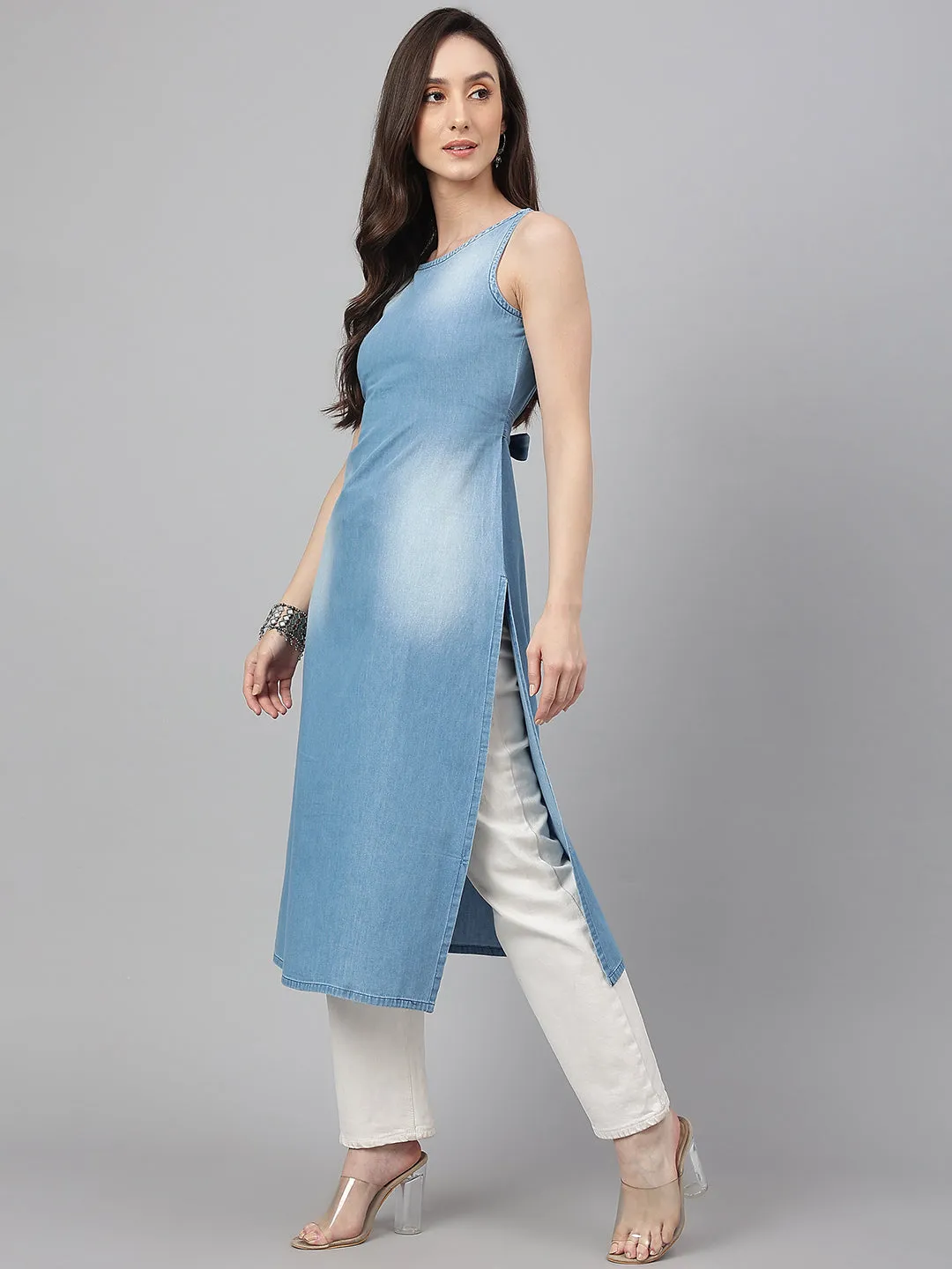 Light Blue Denim Solid Straight Kurta