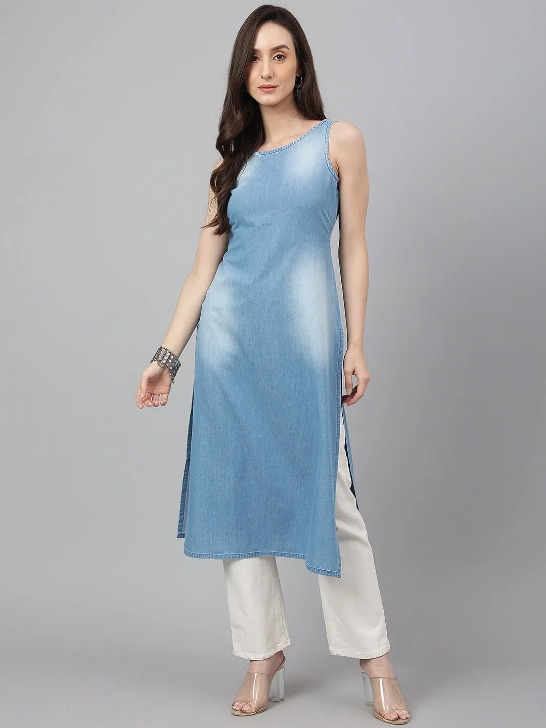 Light Blue Denim Solid Straight Kurta