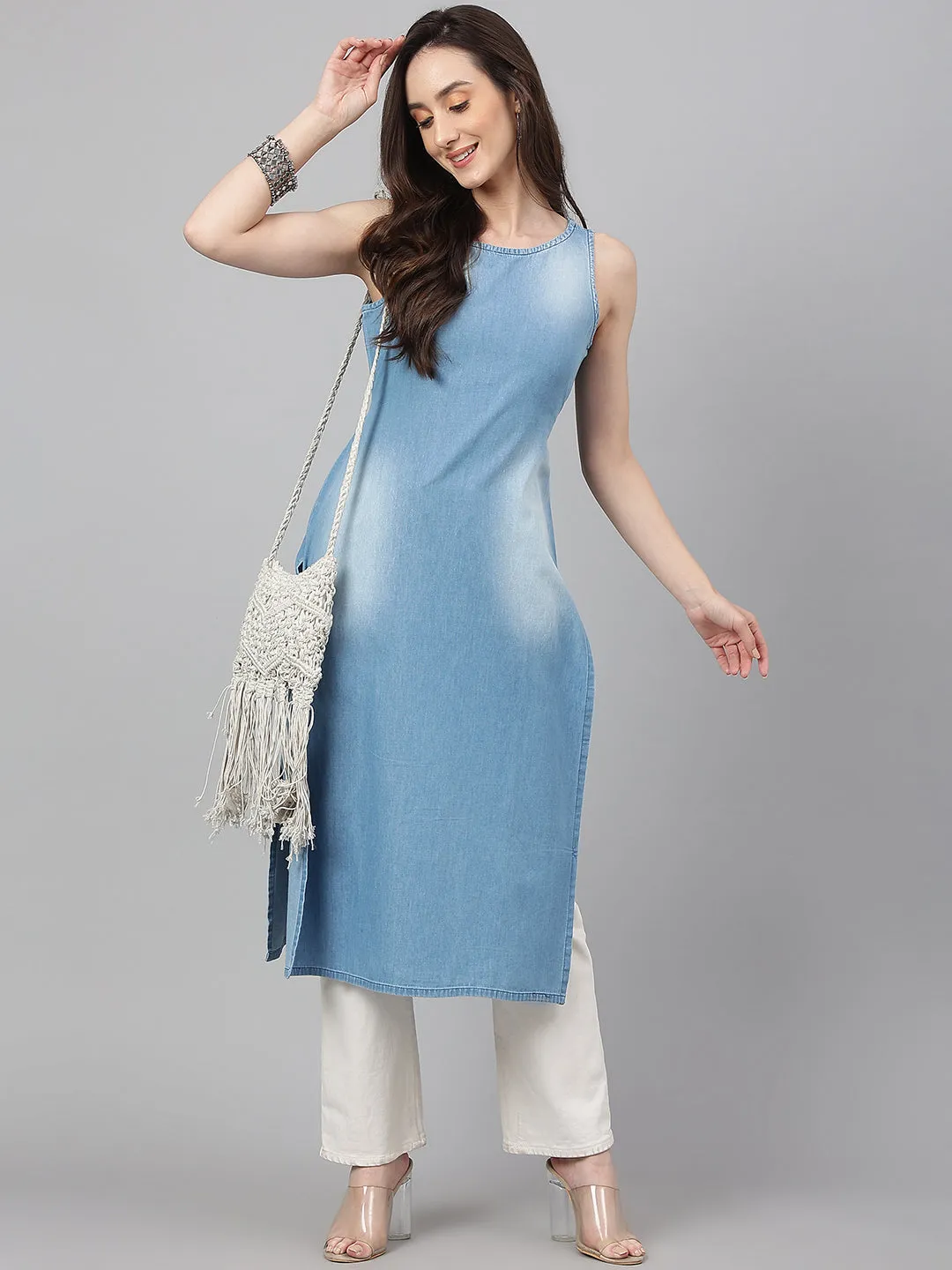 Light Blue Denim Solid Straight Kurta