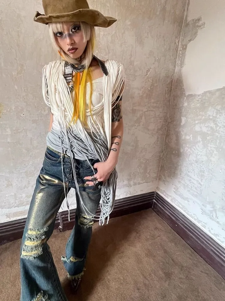 Low Waisted Old Ripped Metal Flare Jeans【s0000004947】