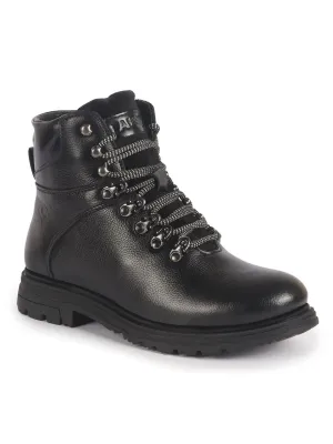 Men Black Genuine Leather 5-Hook Lace Up Boots for Trekking and Hiking|High Ankle Boots|Anti Skid Sole