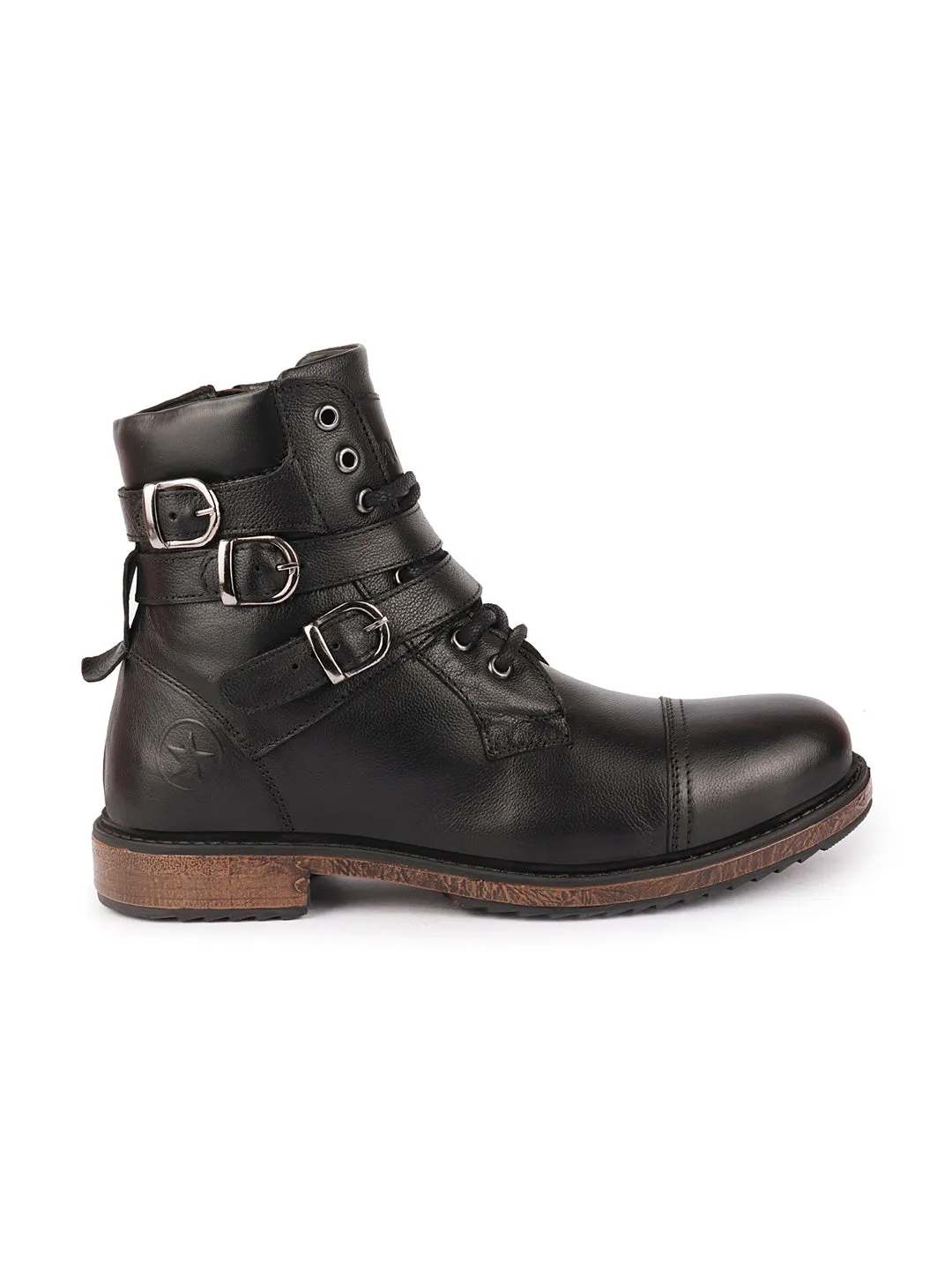 Men Black High Ankle Genuine Leather 8-Eye Lace Up Buckle Closure Side Zipper Combat Boots