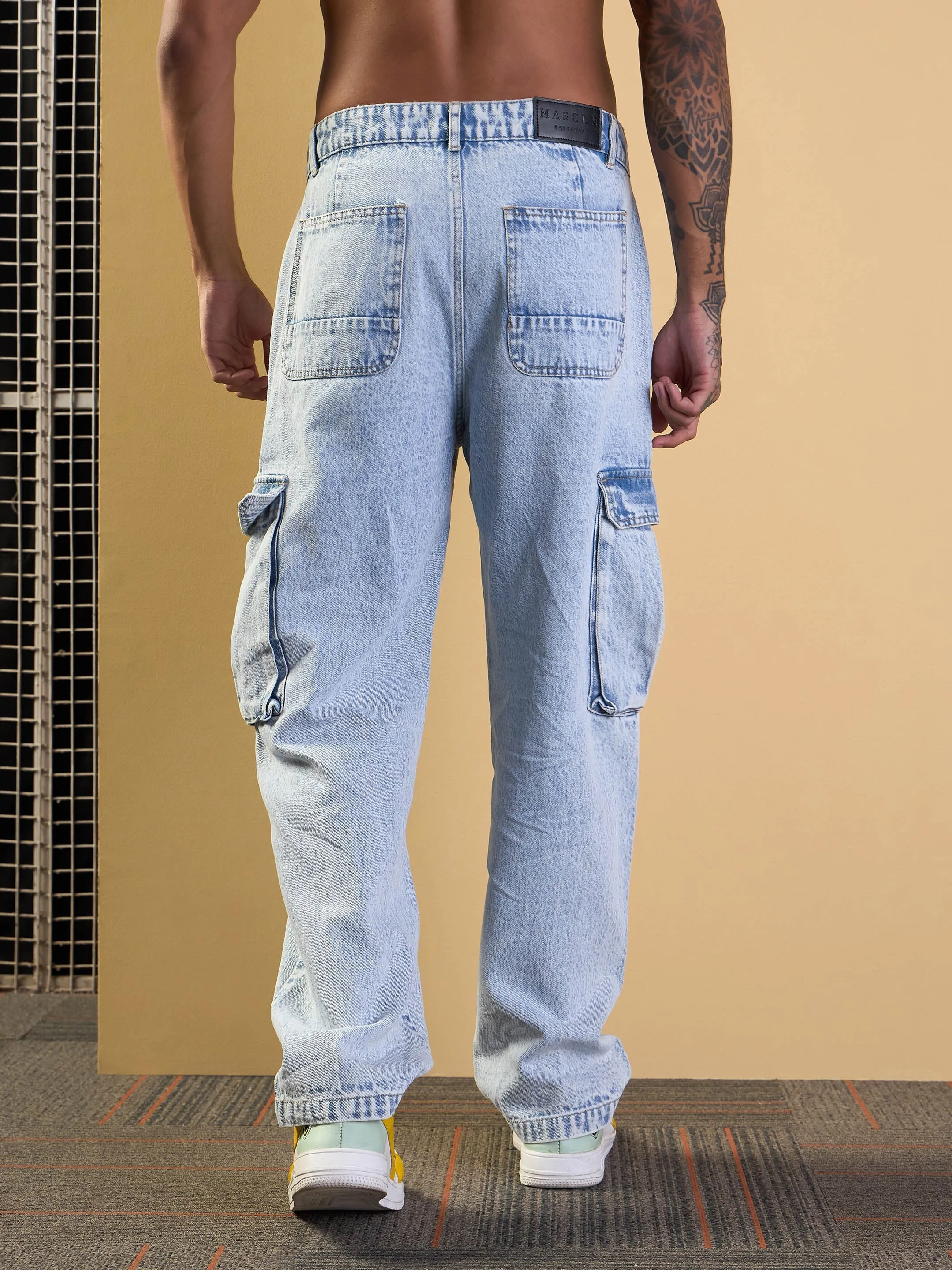 Men Blue Washed Cargo Pocket Jeans