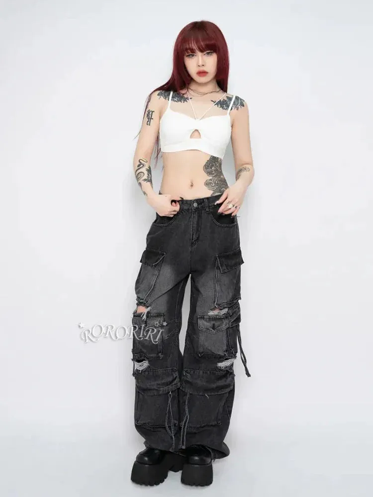 Multi-pocket Halloween Ripped Hole Pants