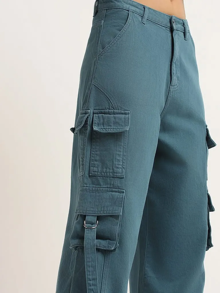 Nuon Teal Cargo High Rise Wide Leg Fit Jeans