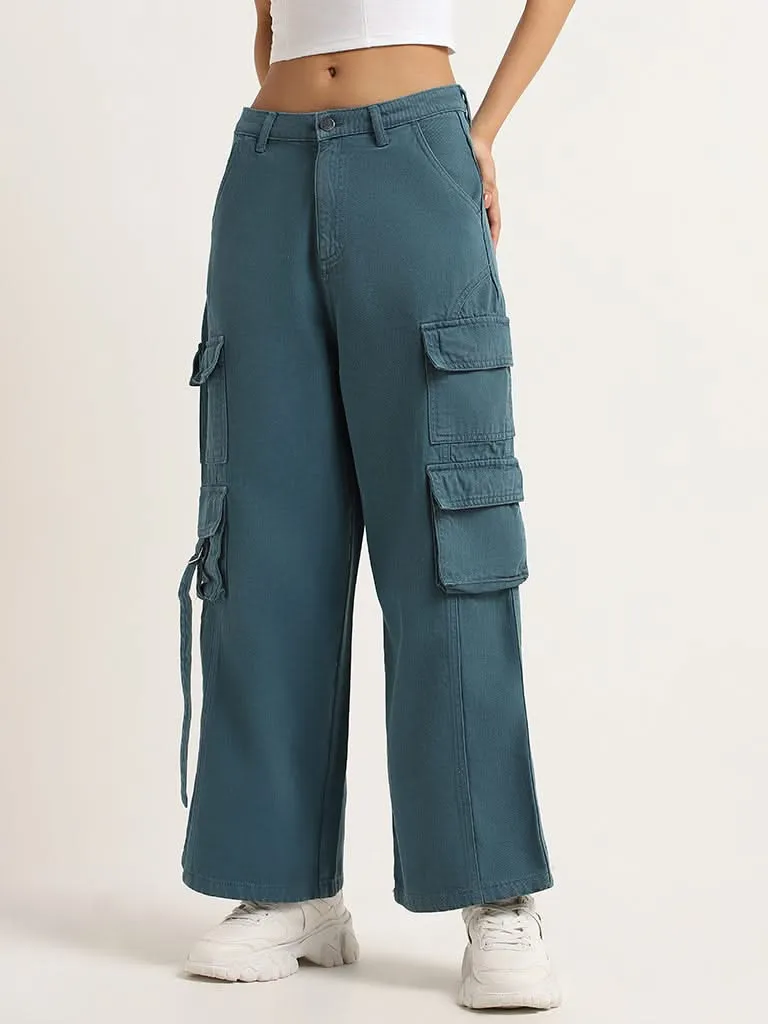 Nuon Teal Cargo High Rise Wide Leg Fit Jeans