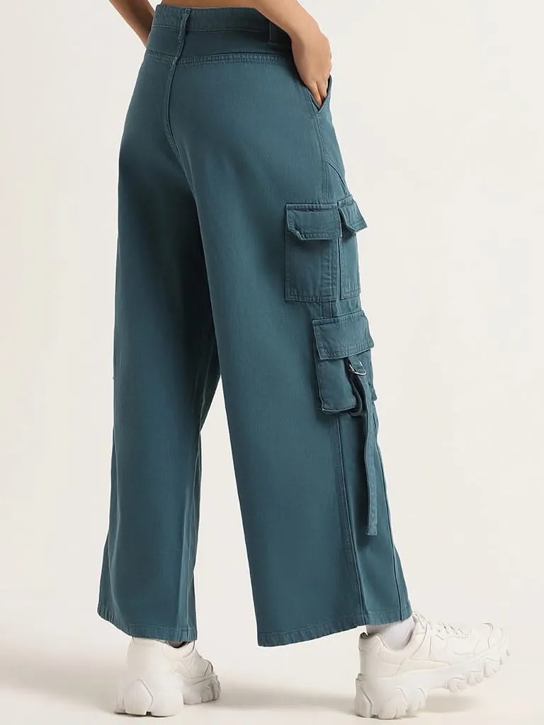 Nuon Teal Cargo High Rise Wide Leg Fit Jeans