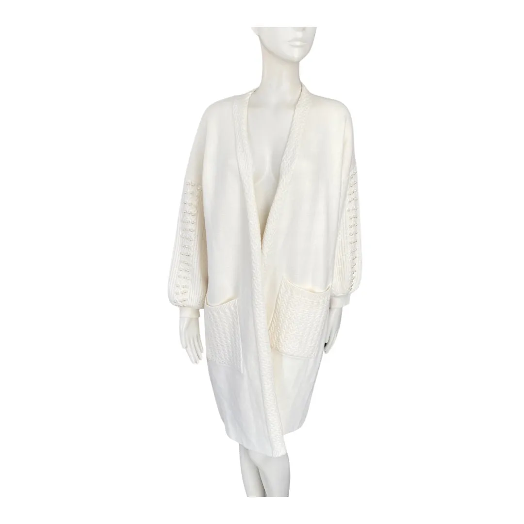 Pearl Sleeve Long Knit Cardigan Cream SIZE XL