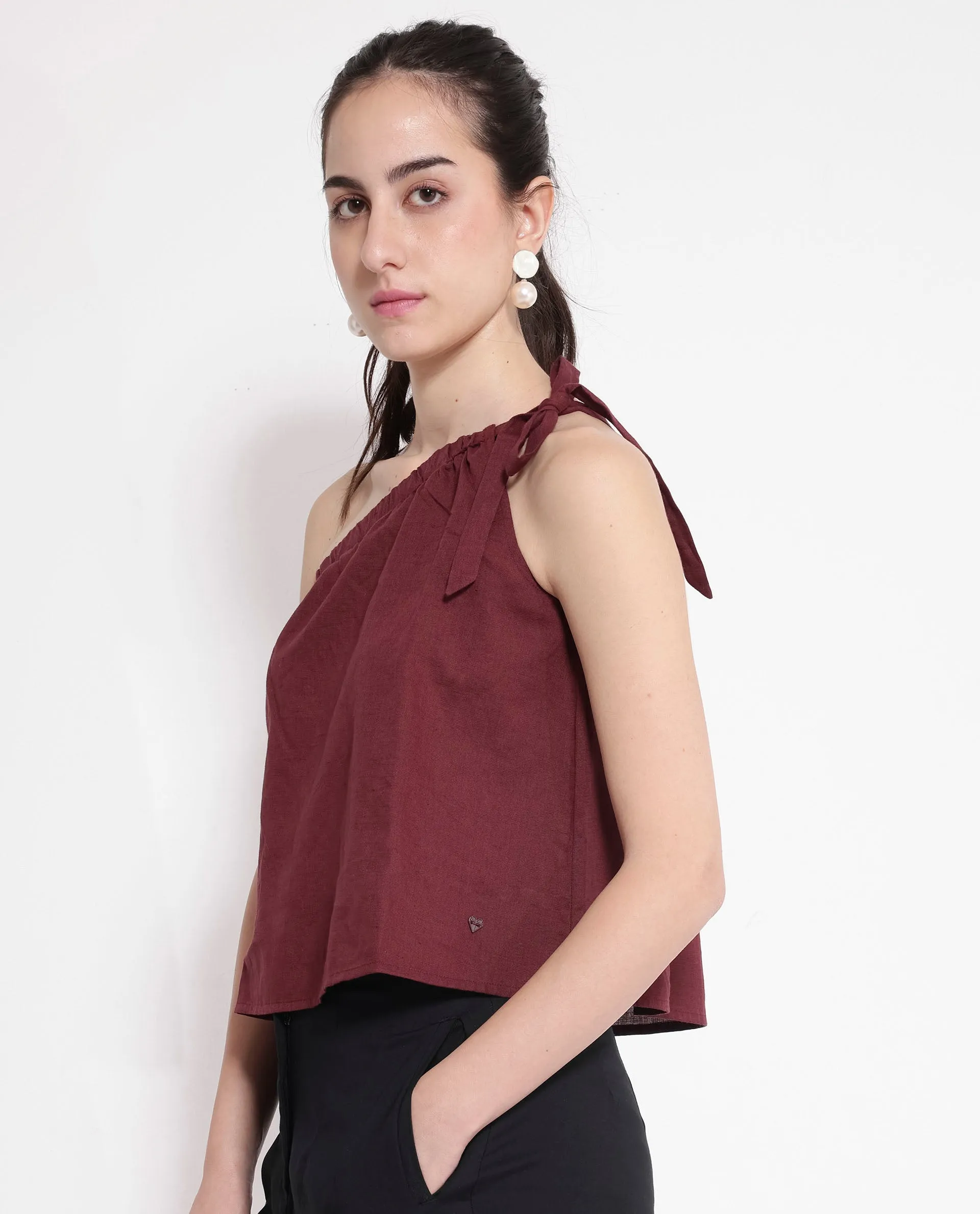 Rareism Women Jarza Maroon One Shoulder Tie Up Plain Cropped Top