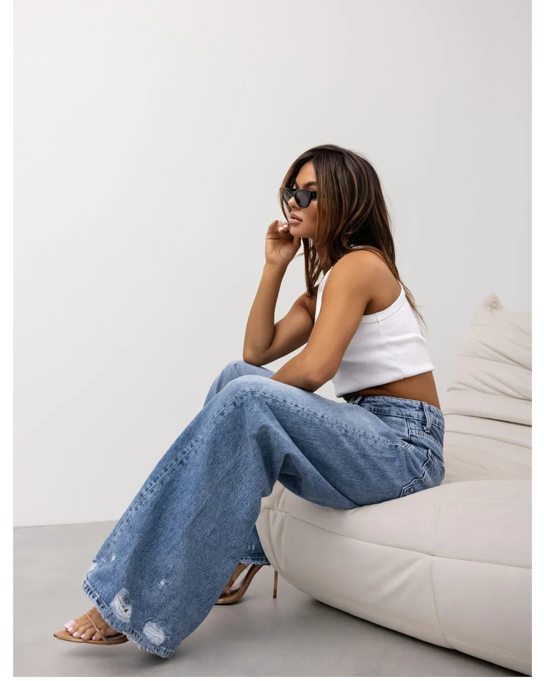 Retro Straight Ripped Jeans Women Summer Wide Leg Pants