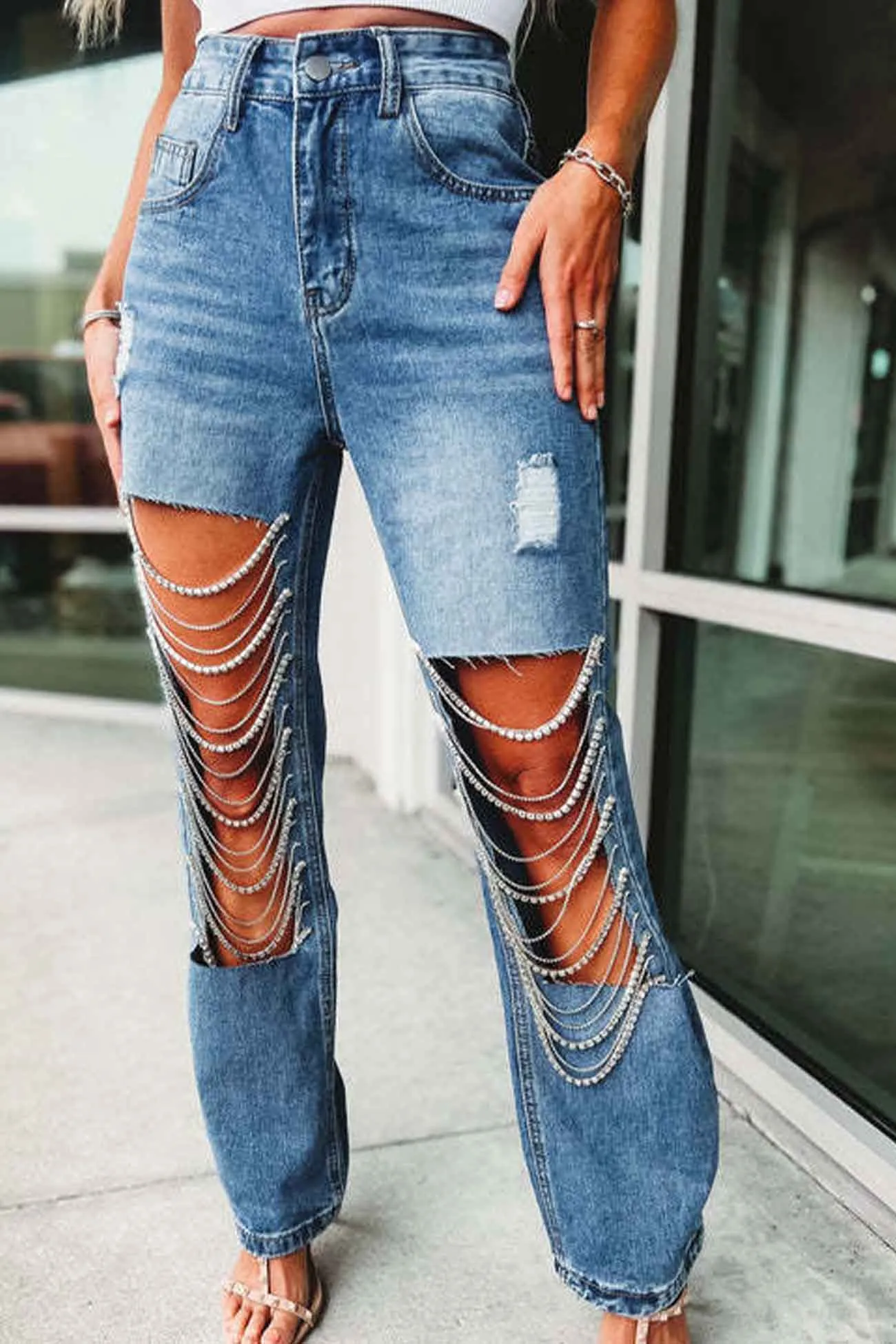 Rhinestone Chain Ripped Jeans