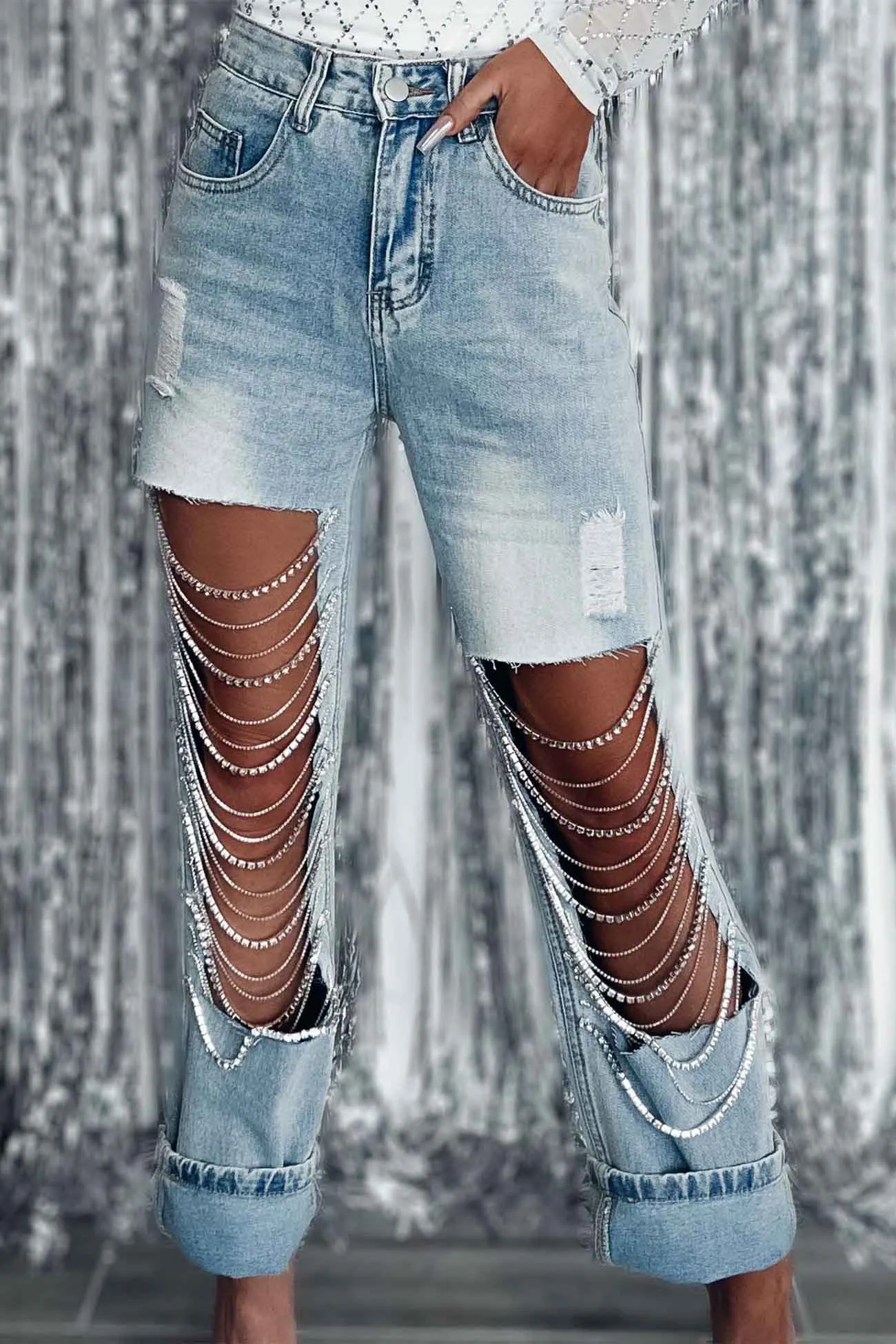 Rhinestone Chain Ripped Jeans