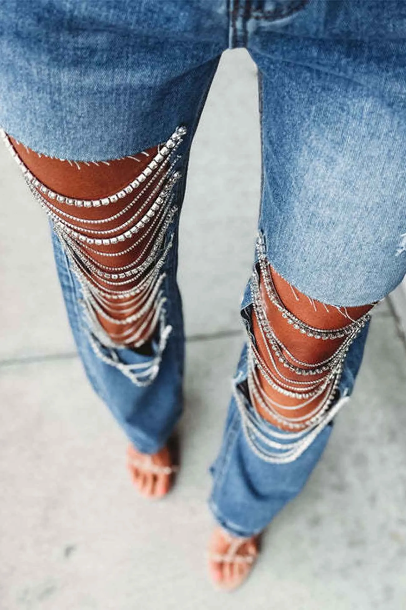 Rhinestone Chain Ripped Jeans