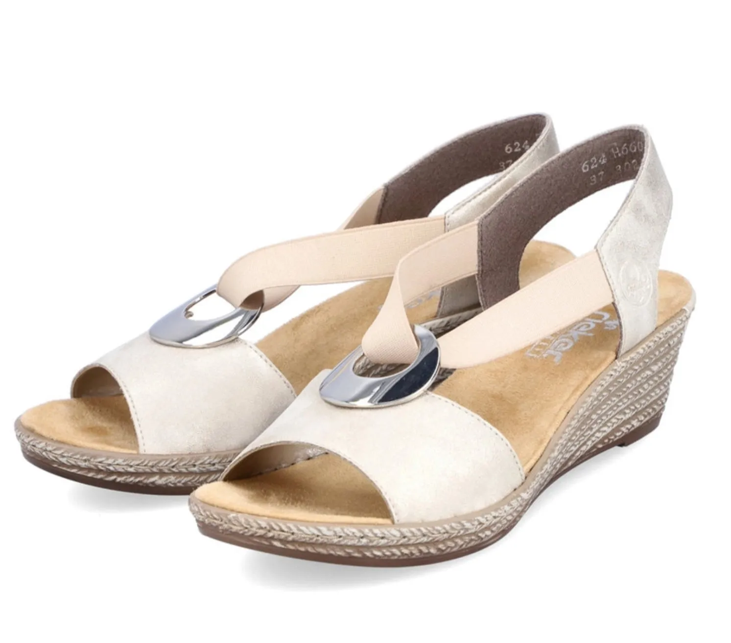 Rieker 624H6-60 Alula Beige Metallic Low Wedge Elasticated Sandals