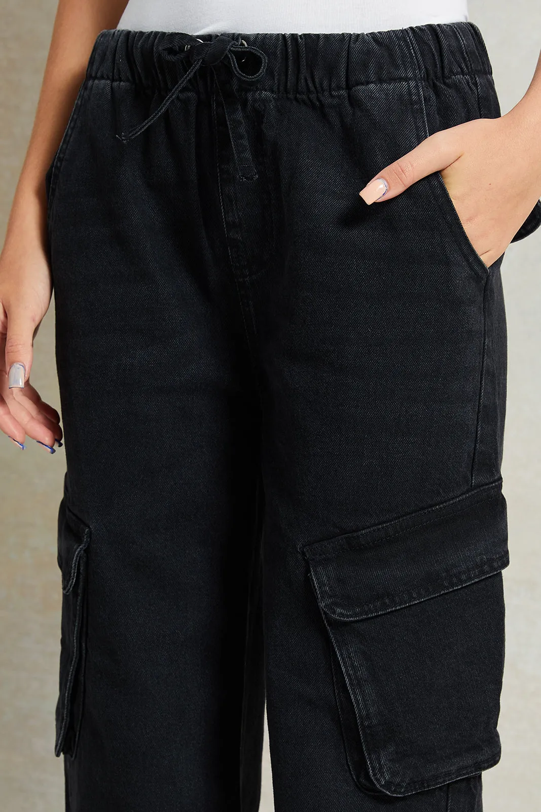 Senior  Black Wide leg Cargo Pocket Jeans