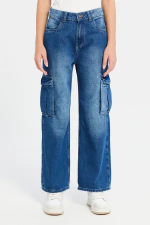 Senior Girls Blue Cargo Pocket Wide Leg Jeans