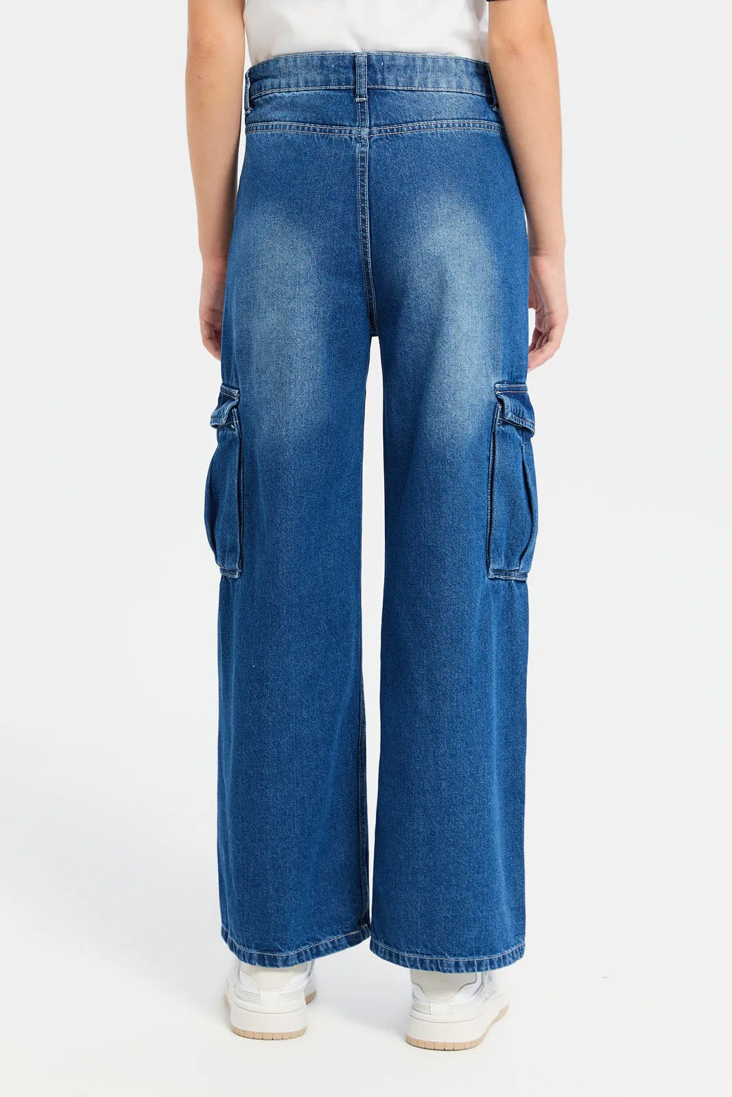 Senior Girls Blue Cargo Pocket Wide Leg Jeans