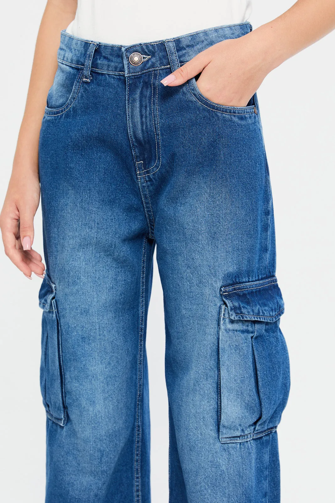 Senior Girls Blue Cargo Pocket Wide Leg Jeans