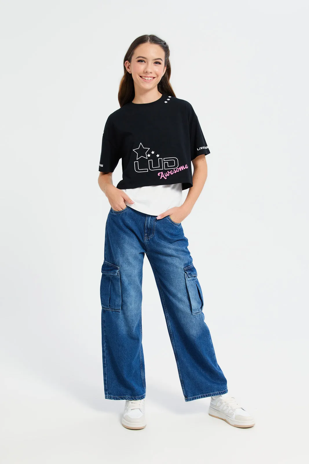 Senior Girls Blue Cargo Pocket Wide Leg Jeans