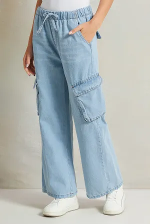 Senior Girls Blue Wide leg Cargo Pocket Jeans