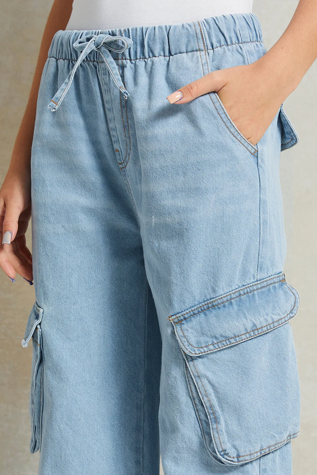 Senior Girls Blue Wide leg Cargo Pocket Jeans