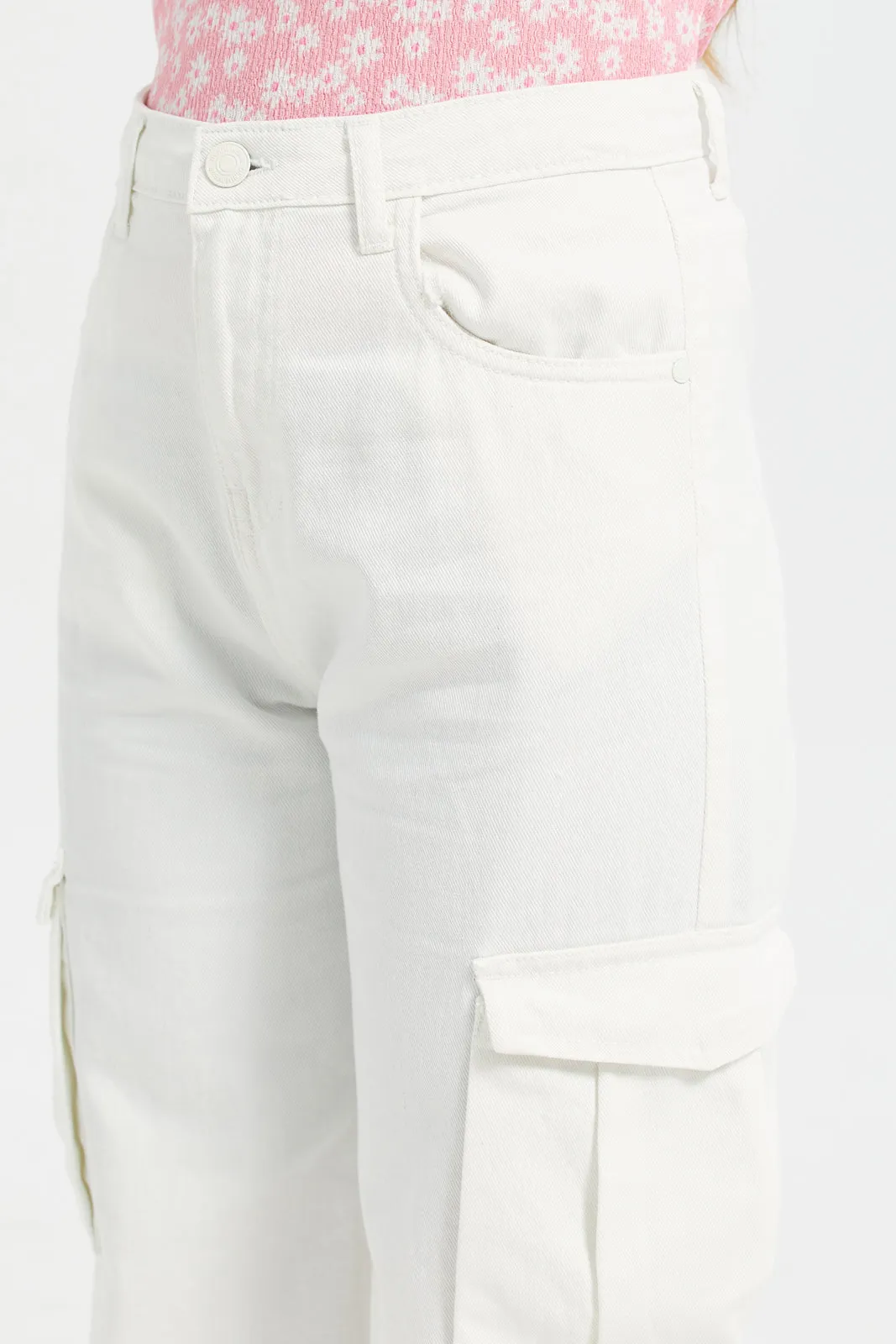 Senior Girls Cream Cargo Pocket Jeans