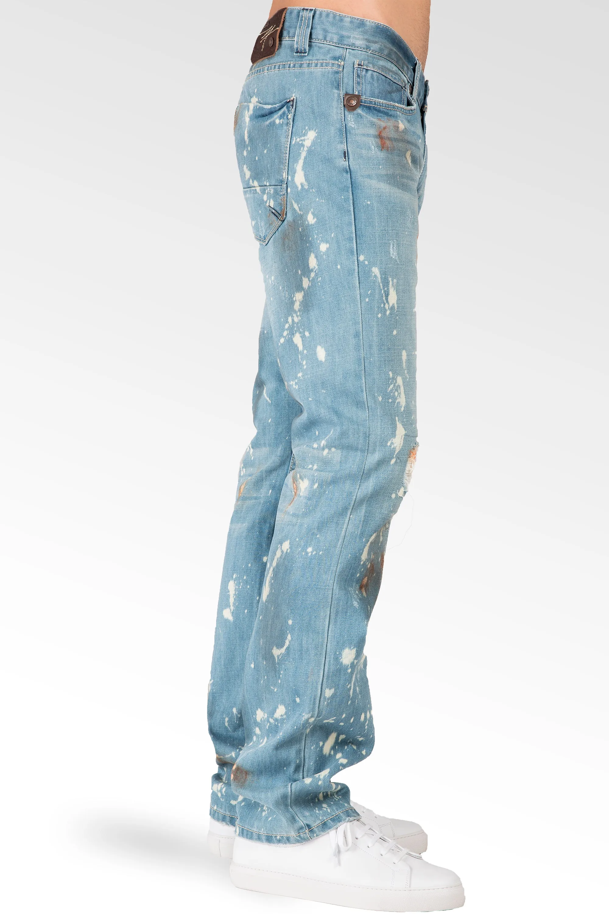 Slim Straight Light Blue Premium Denim Signature 5 Pocket Jeans Paint Splatter Bleach Spots