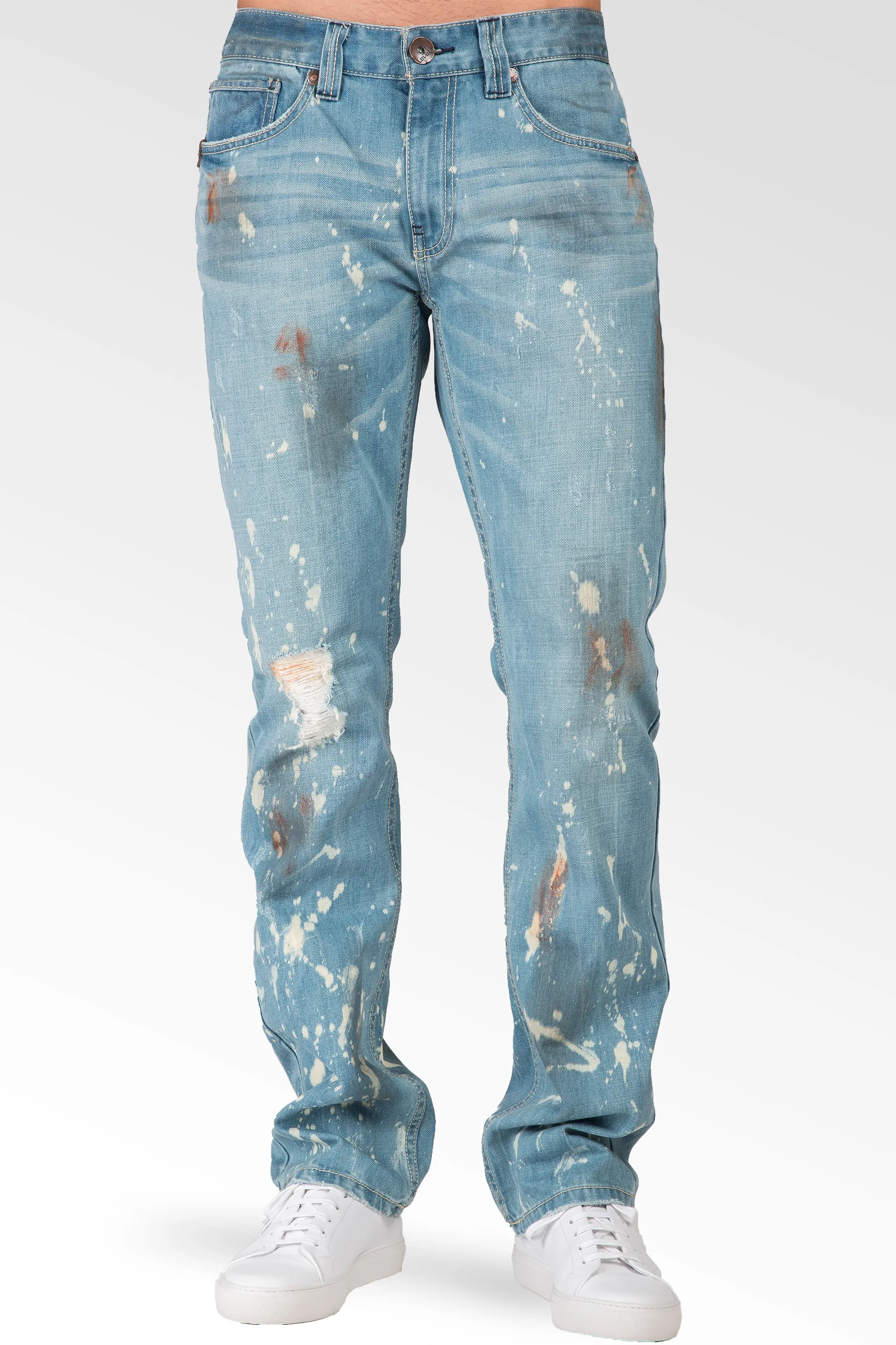 Slim Straight Light Blue Premium Denim Signature 5 Pocket Jeans Paint Splatter Bleach Spots