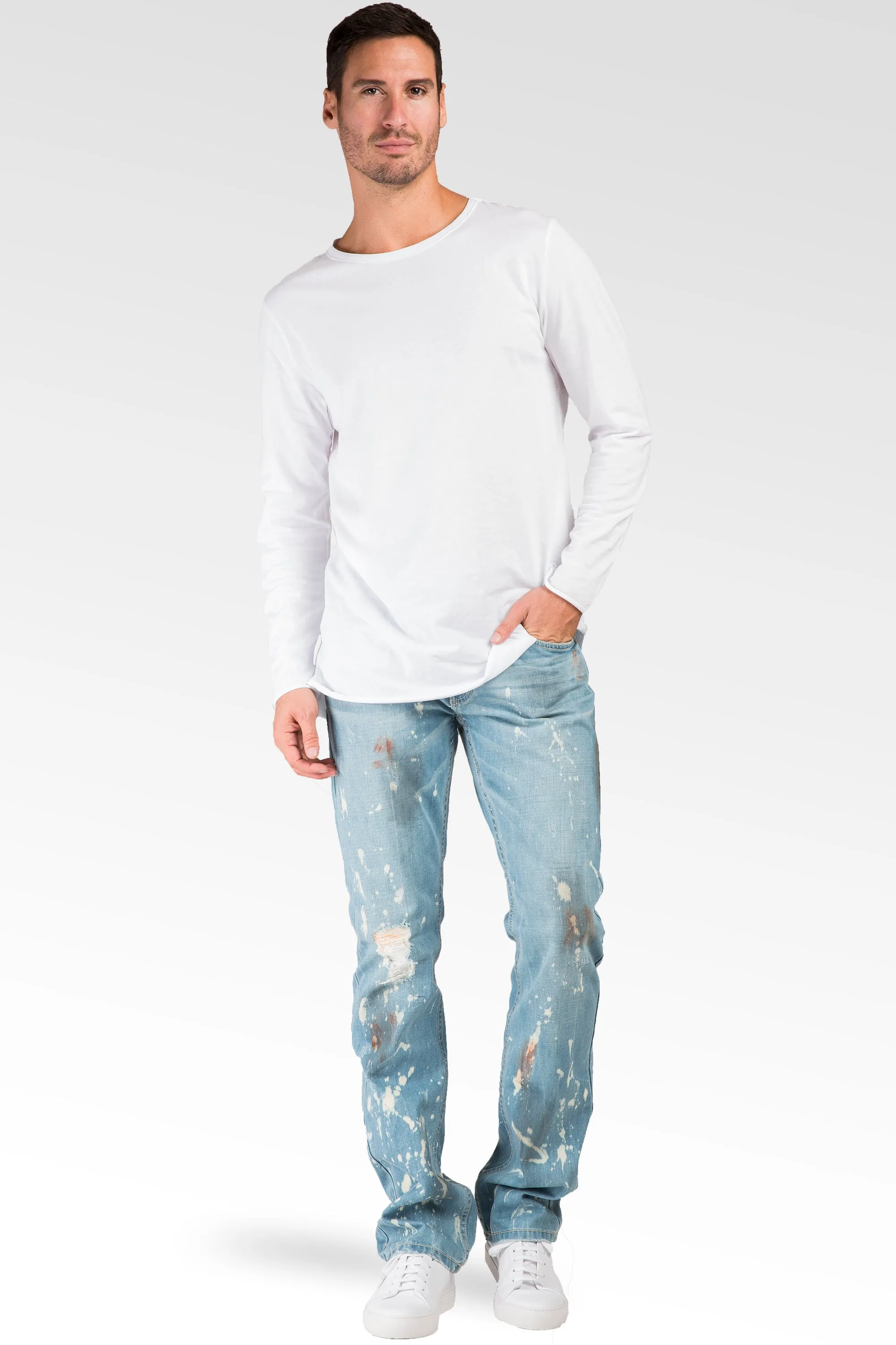 Slim Straight Light Blue Premium Denim Signature 5 Pocket Jeans Paint Splatter Bleach Spots