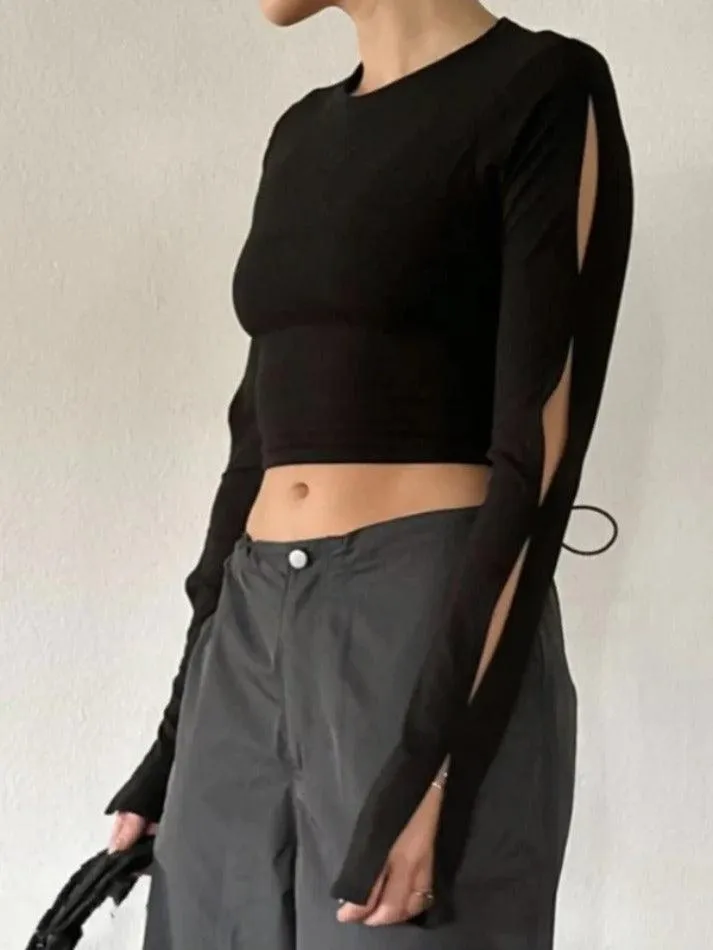 Solid Cutout Sleeve Long Sleeve Tee