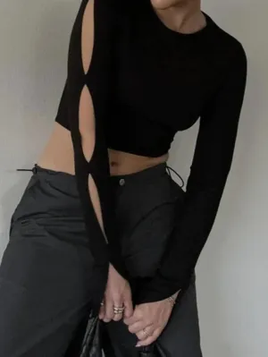 Solid Cutout Sleeve Long Sleeve Tee