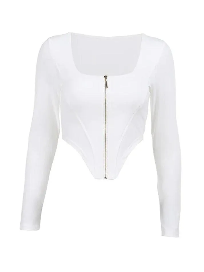 Solid Zip Up Irregular Hem Long Sleeve Tee