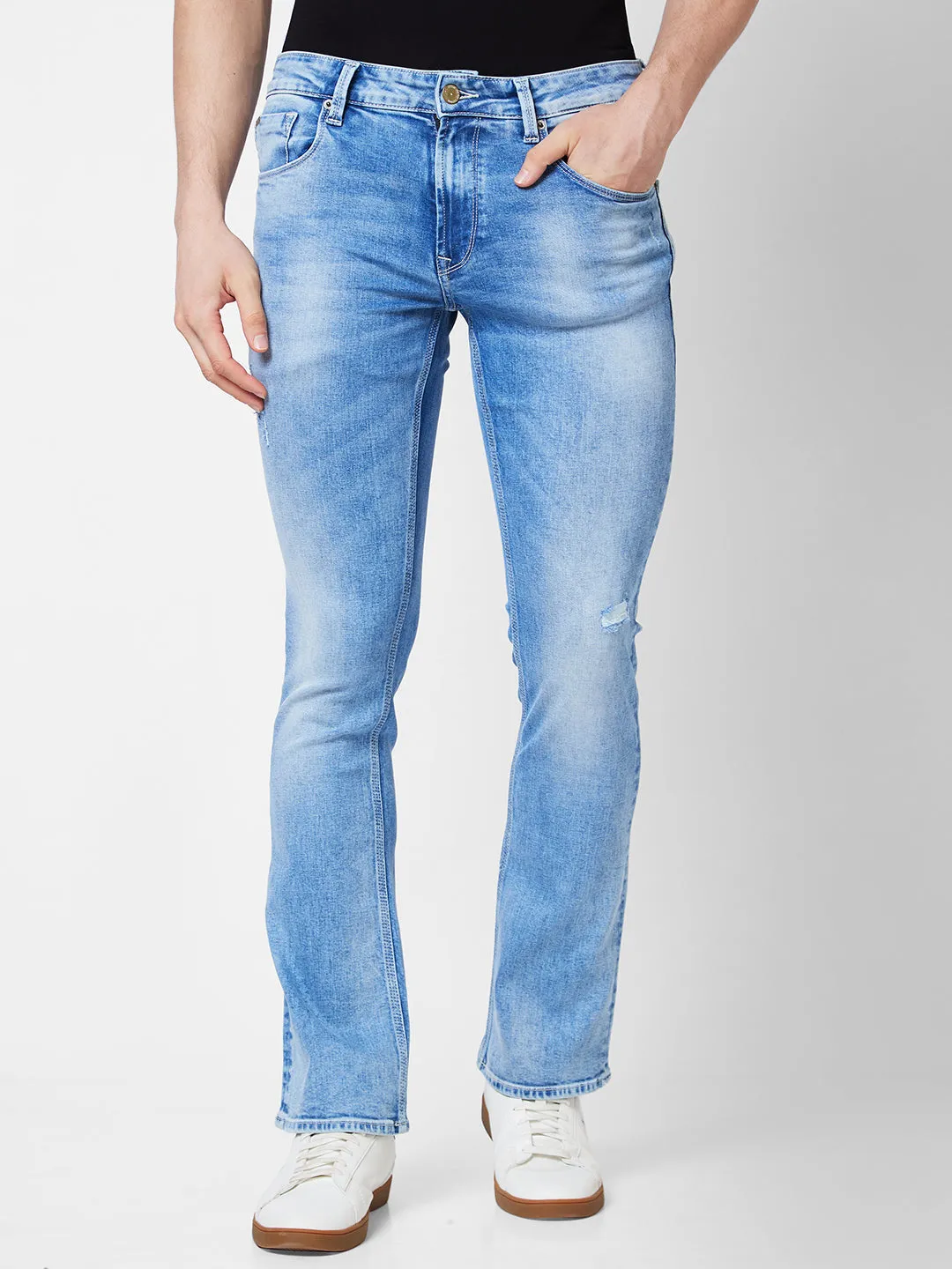 Spykar Mid Rise Bootcut  Blue Jeans For Men