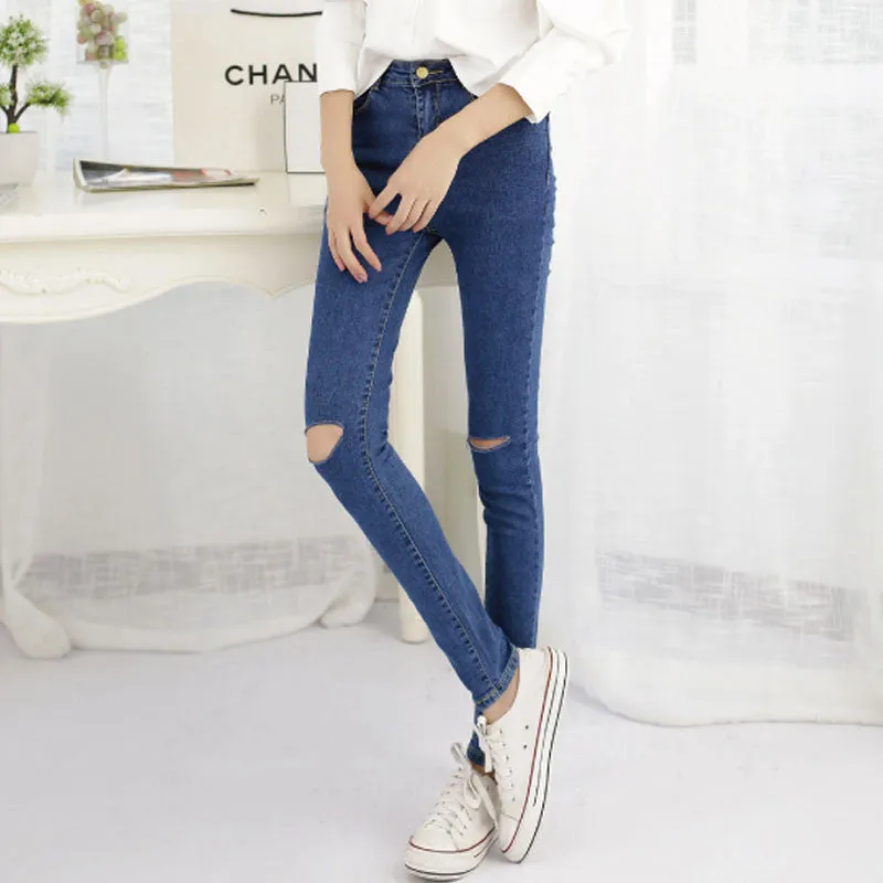 TC Hot Jeans Pants 2015 Womens Fall Fashion Female Denim Strech Blue Black Skinny Hole Ripped Pencil High Waist Plus Size PT0236