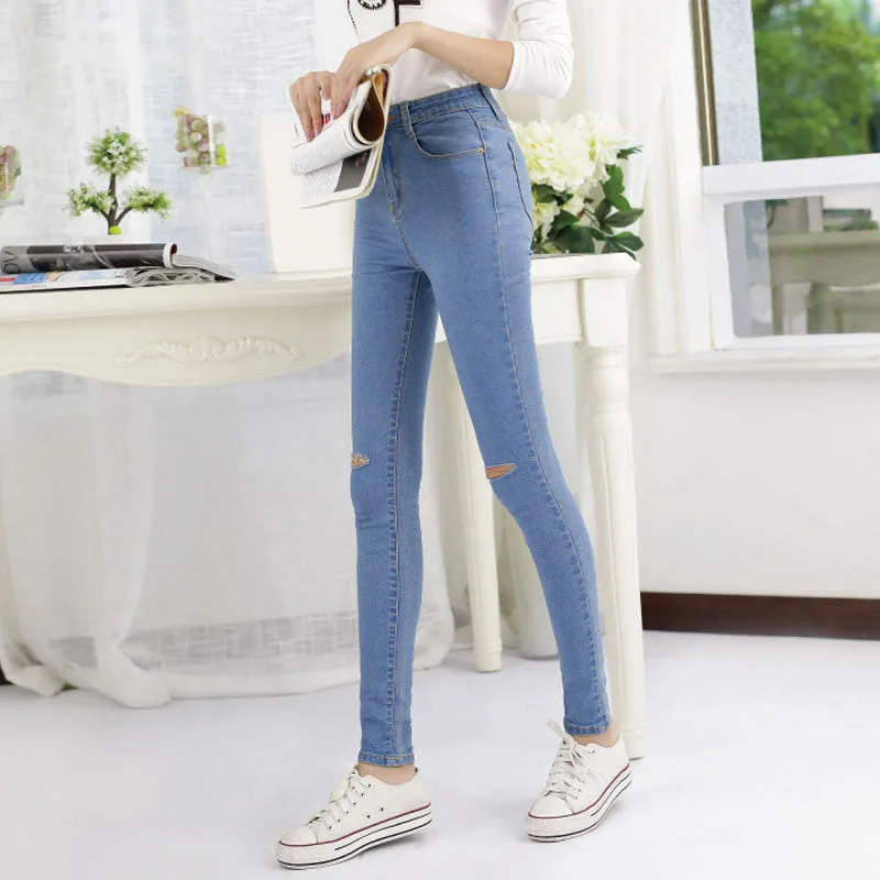 TC Hot Jeans Pants 2015 Womens Fall Fashion Female Denim Strech Blue Black Skinny Hole Ripped Pencil High Waist Plus Size PT0236