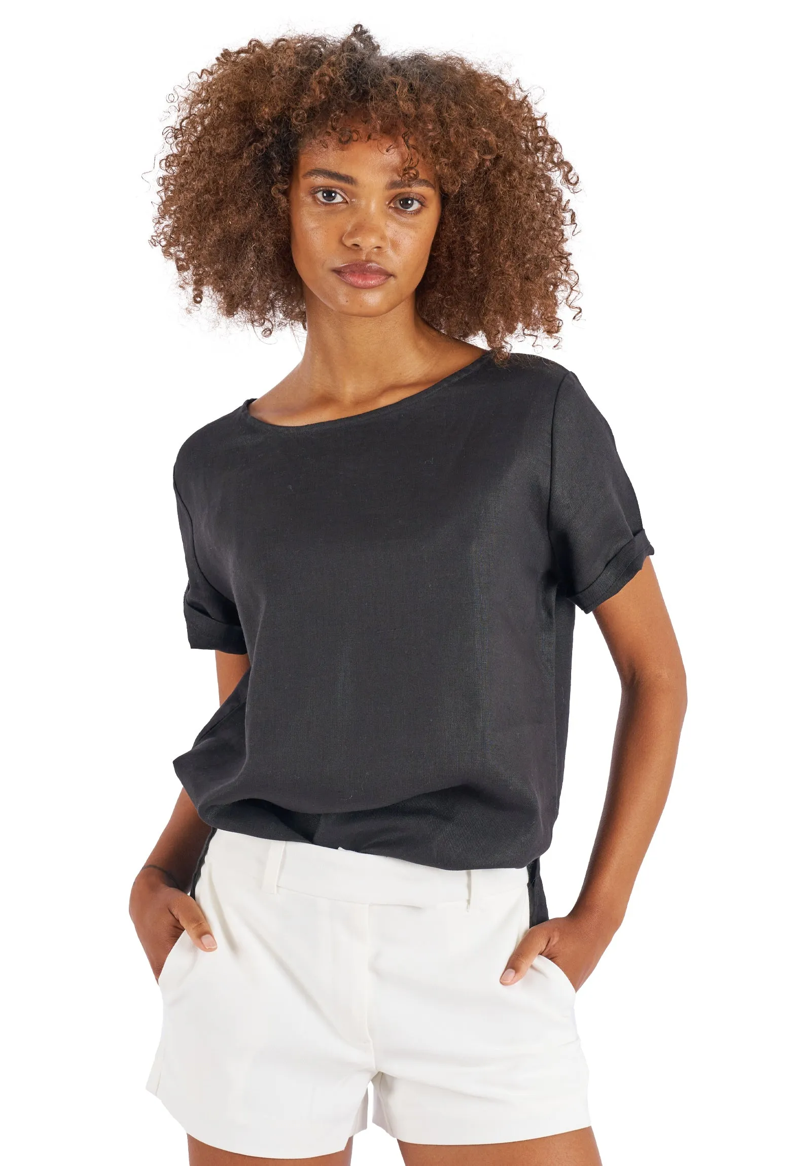 Teena-Linen Black T-Shirt