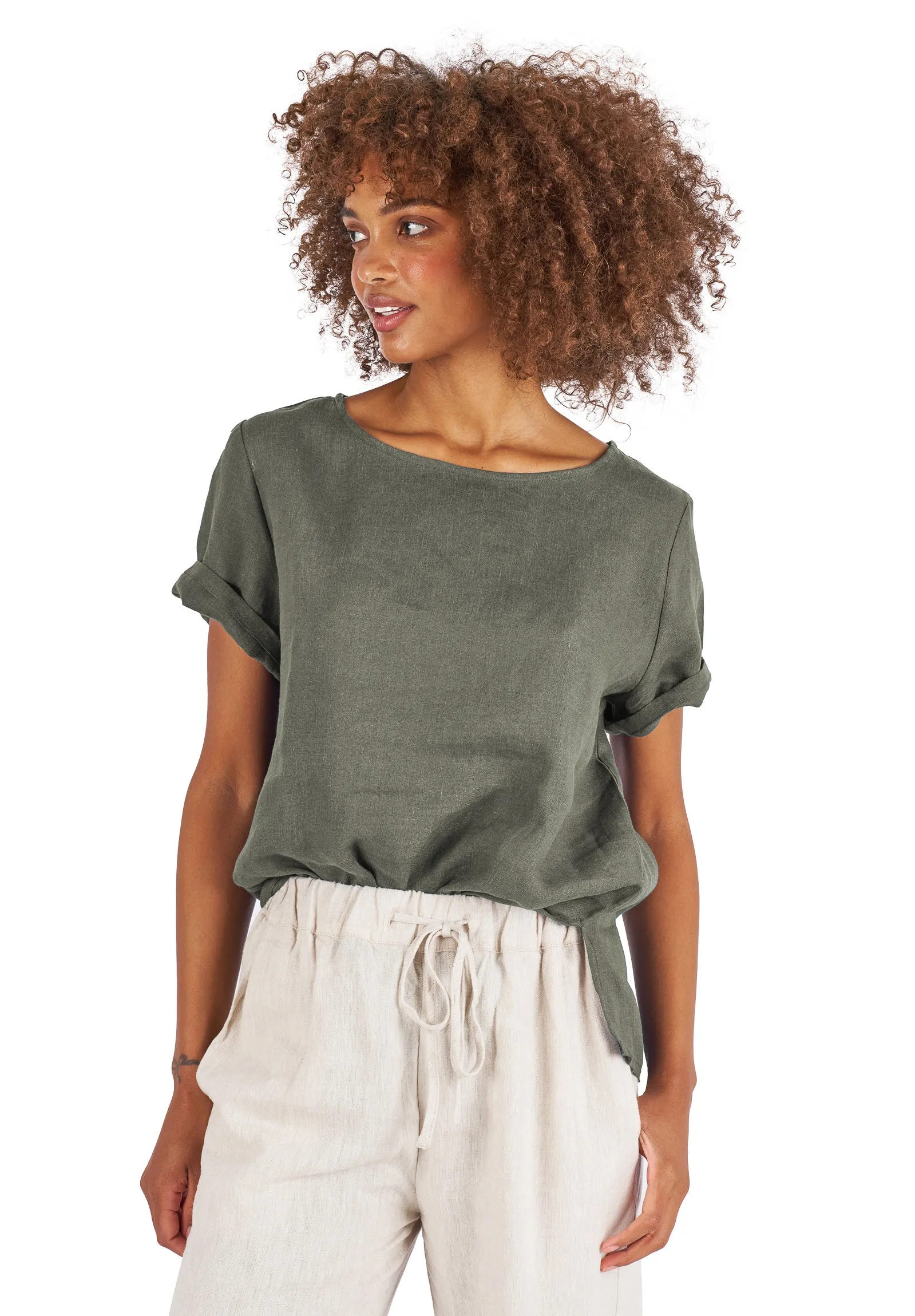 Teena-Linen Olive Green T-Shirt