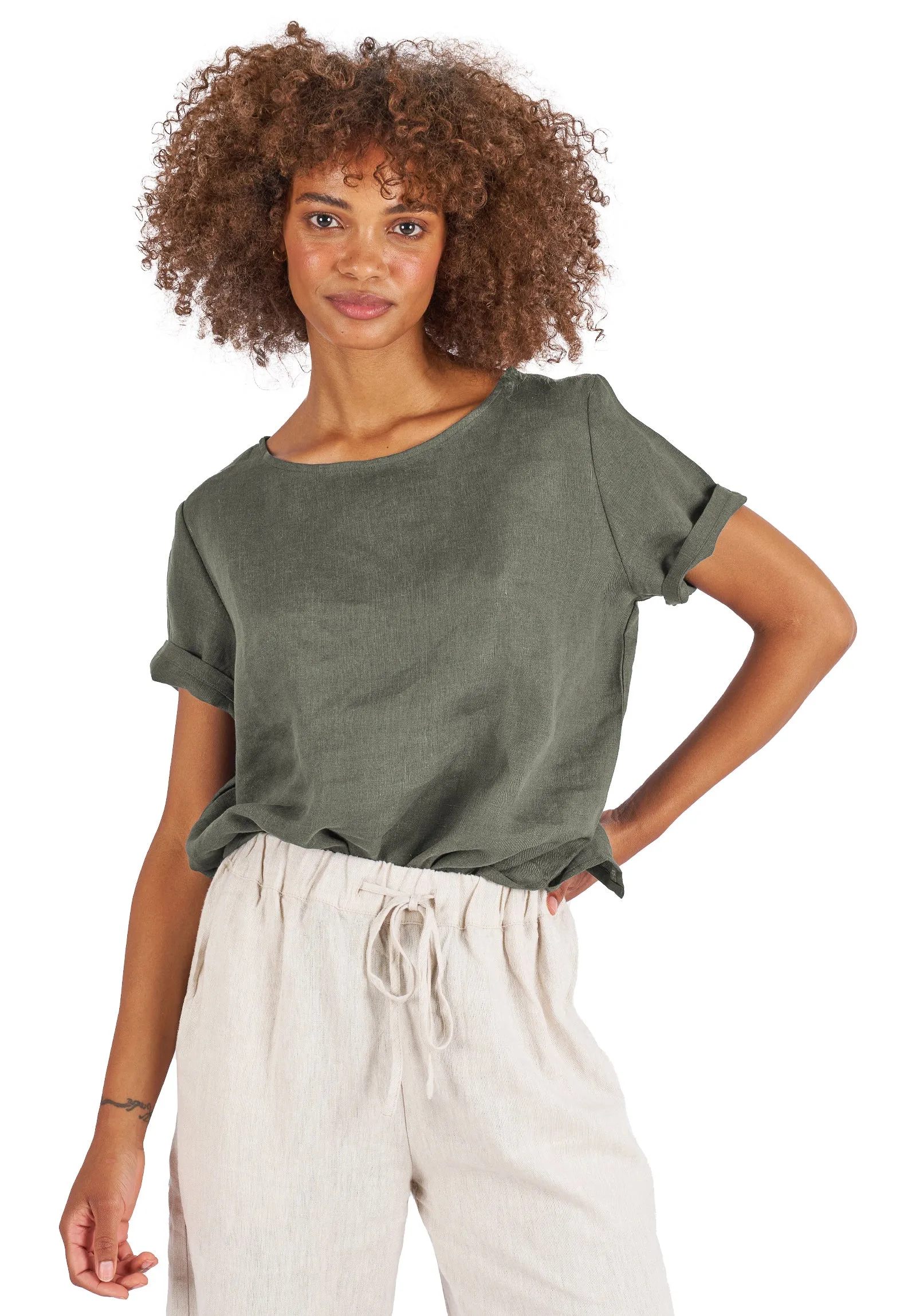 Teena-Linen Olive Green T-Shirt