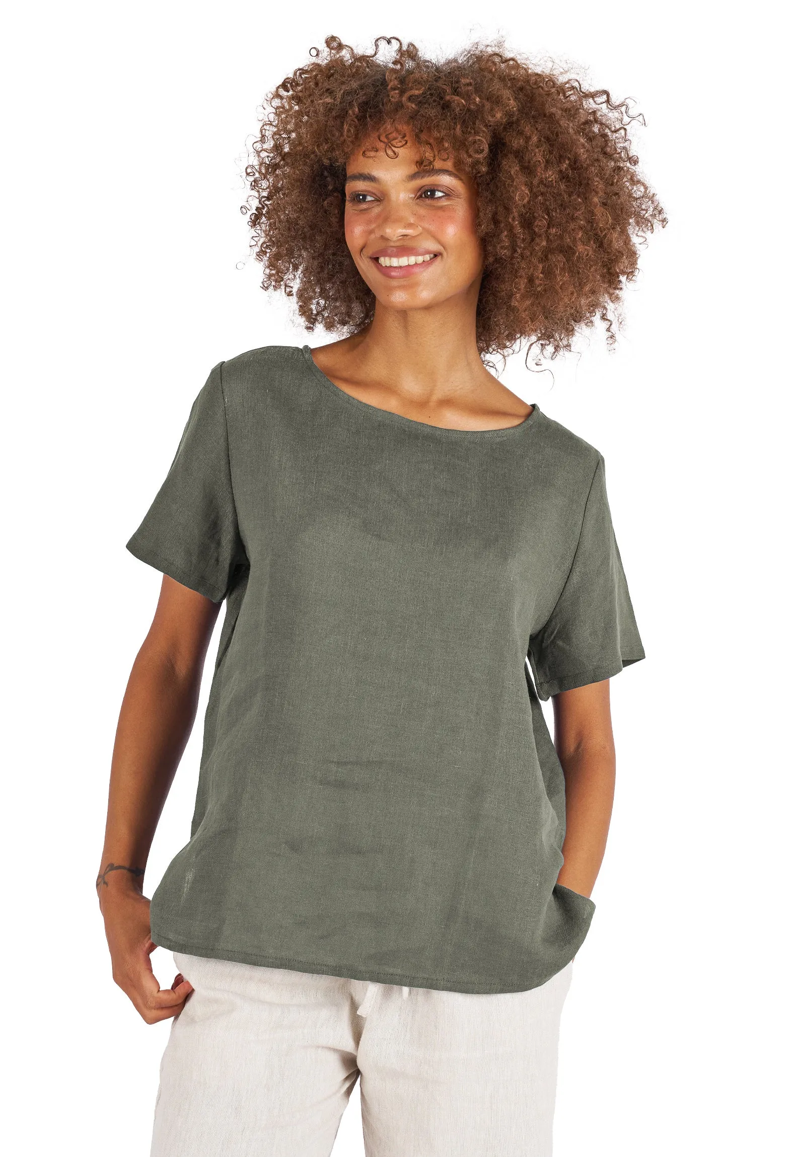 Teena-Linen Olive Green T-Shirt