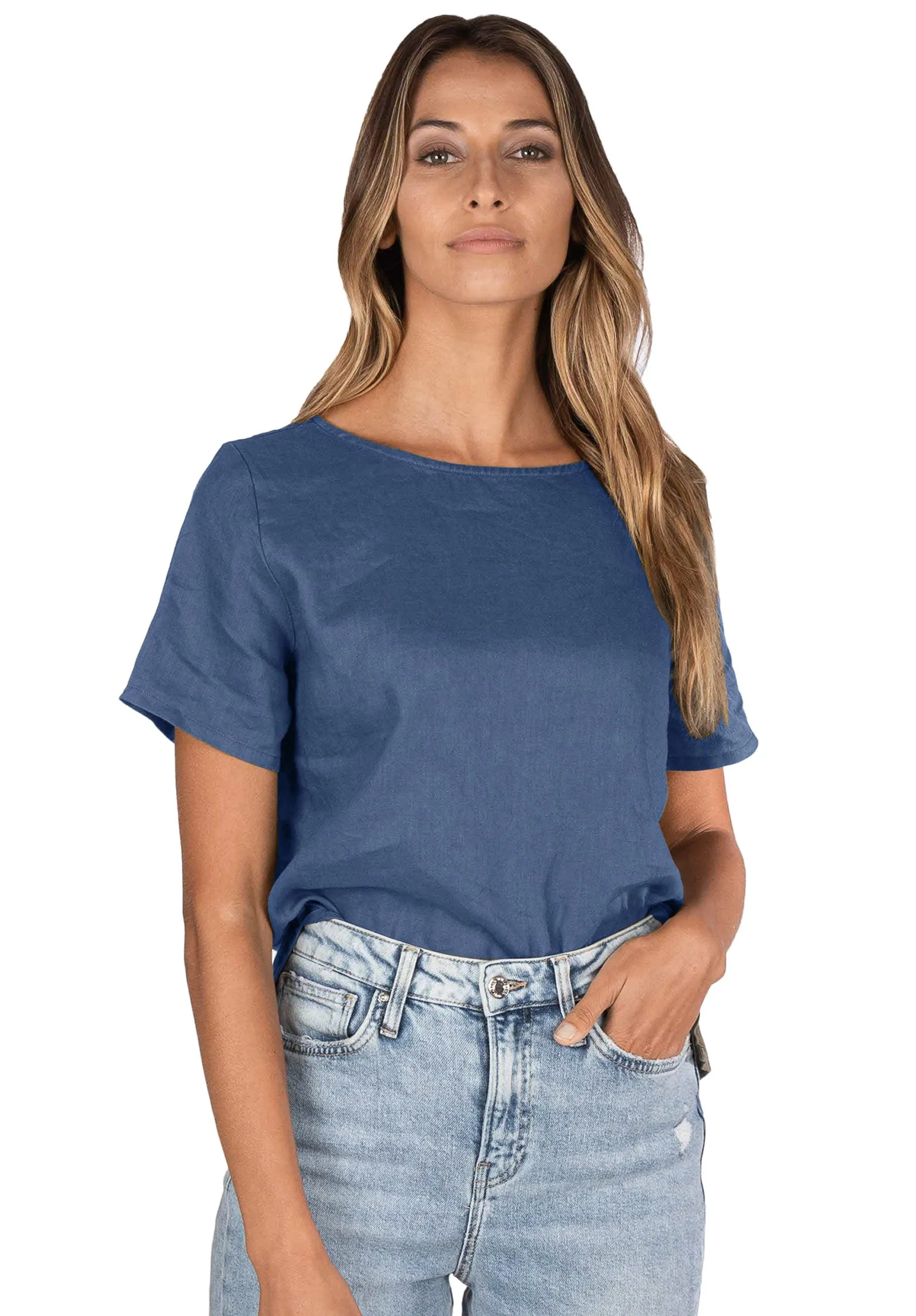 Teena-Linen Washed Blue T-Shirt